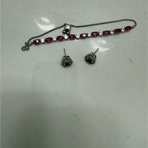Ruby and Diamond Silver Bracelet and Earring Set